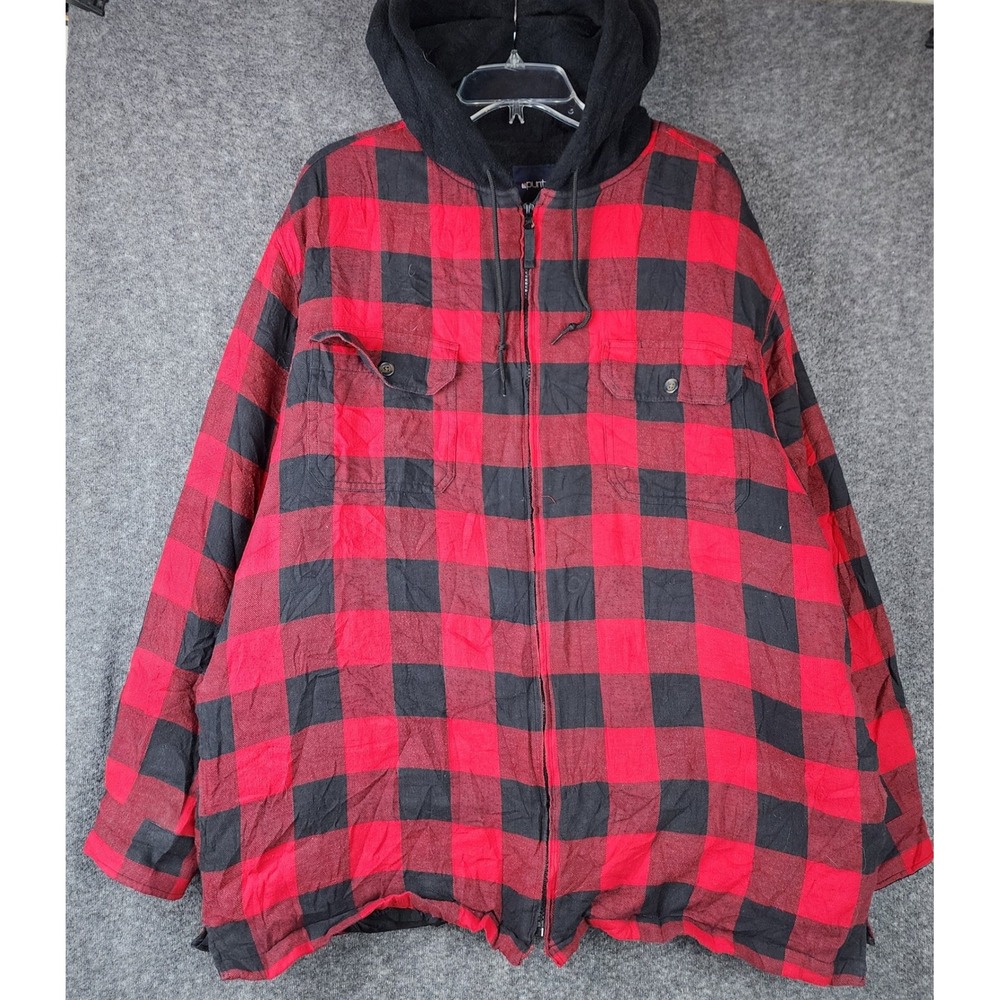 Puritan Jacket Mens XL Buffalo Plaid Red Black Hooded Fleece Lined Full Zip EUC